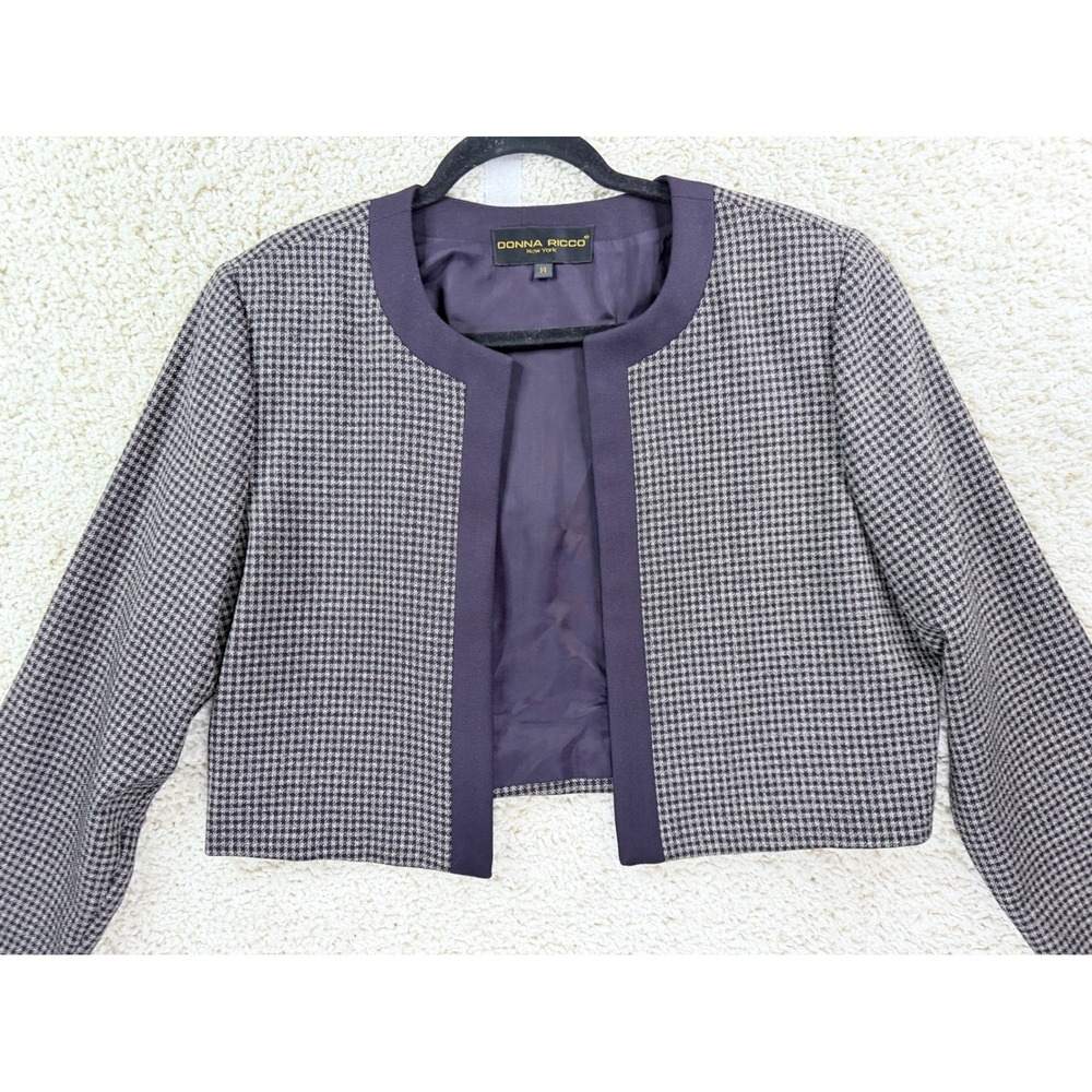 Donna Ricco Cropped Jacket Women 14 Purple Houndstooth Excellent Open Front